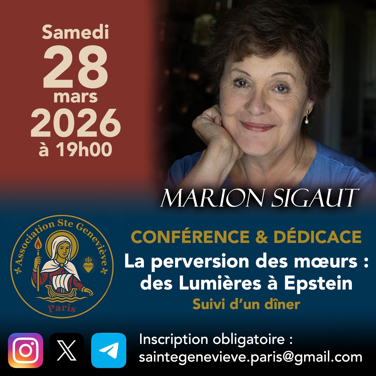 Conférence et dédicace, suivi d'un dîner.